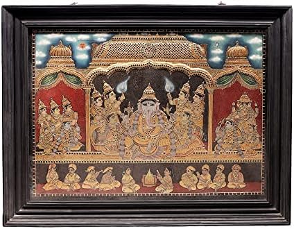 Егзотична Индија 56 x 44 Господ Ганеша со сликарството Риди и Сиди Танјоре | Традиционални бои со 24к злато |