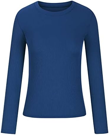 Женски обичен тесен врвен врв на екипажот со долги ракави цврсти тенок фит маица блуза лесна истегнување плетена пулвер џемпери