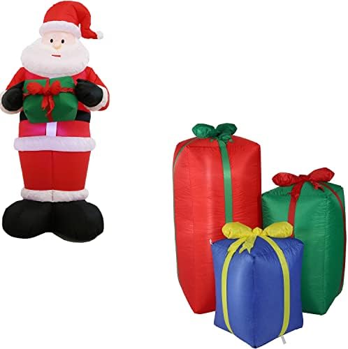 Sunnydaze 6-нога Дедо Мраз со подарок за надувување на Божиќната декорација со вентилатор и LED светла и 4-метарски одморен
