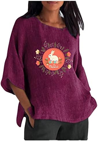 Велигденски кошули за жени, летни 3/4 ракави врвови на обични кружни врат блузи меки памучни постелнини врвови графички маички