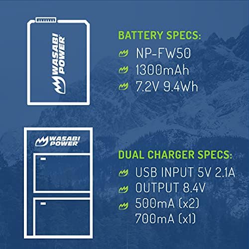 Wasabi Power NP-FW50 Батерија и микро USB двоен полнач за Sony ZV-E10, Alpha A5100, A6000, A6300, A6400, A6500, Alpha A7, A7