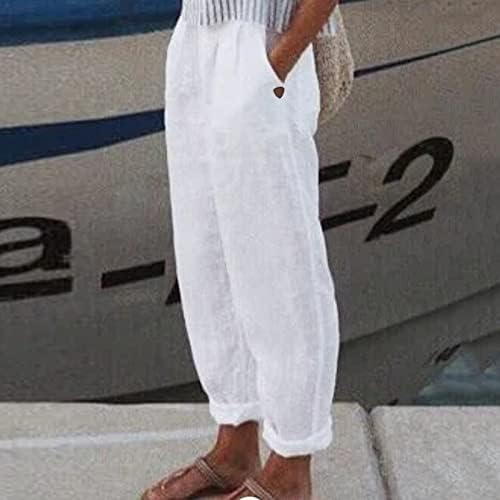Женски памучни постелнини обични панталони удобни цветни печати летни панталони за плажа еластични половини што дишат панталони