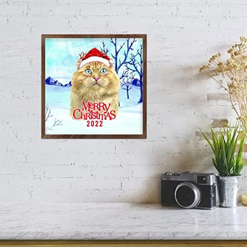 Рамка за Божиќни знаци Дедо Мраз симпатична мачка Snowscape гроздобер дрво рамка за слика гроздобер Божиќен декор за сезонски
