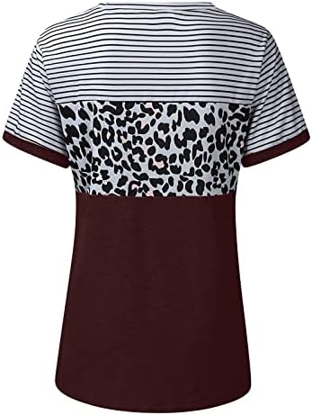 Амикадом брод вратот Спандекс маица за дами кратки ракави во боја блок од леопард печати шарени блузи маици тинејџерска девојка
