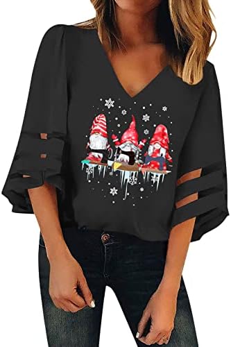 Кошули за жени удобна врвна кошула против вратот мрежи врвни трубани полу ракави обични Божиќни жени летни врвови А-црна