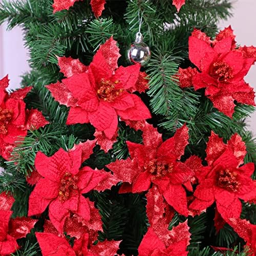 Пакет од 12 Бургундија Поинсетија Божиќни украси 6,5 инчи вештачки цвеќиња сјајни украси за елка