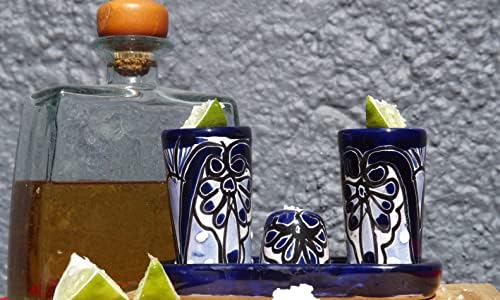 МЕКСТЕКИЛ-Автентични Мексикански Чаши За Текила Талавера, Шејкер За Сол Со Послужавник-Комплет од 4 парчиња-Занаетчиски шарени
