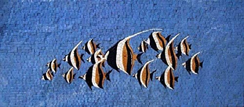 Мозаико Група Риби Во Синото Море Мермер Мозаик | Мозаик Дизајни | Мозаик Уметнички Дела | Мозаик Ѕид Уметност Кат Инкрустирање