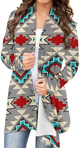 Womenенски палто со средна должина Западен етнички етнички печатење Топ Ретро Обичен Ацтек Печати со долги ракави кошула кардиган