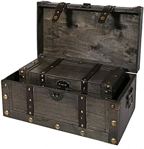 Дул и лента Миранда Дрвени декоративни кутии за складирање со капаци - сет од 2: гроздобер кутии за складирање со ремени и рачки, антички градите за богатство со мета