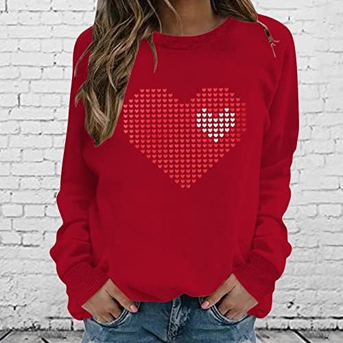 Женски симпатични срцеви врвови секси кошули за Денот на вineубените модни обични долги ракави екипаж џемпери за џемпери за тонични маички