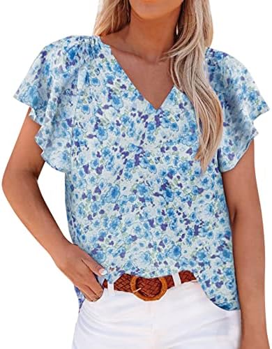 Жени Големи Врвови Блузи Жени Цветни Шифон Блуза Блузи Возбудува Краток Ракав Обична Лабава Блуза Лен Елек