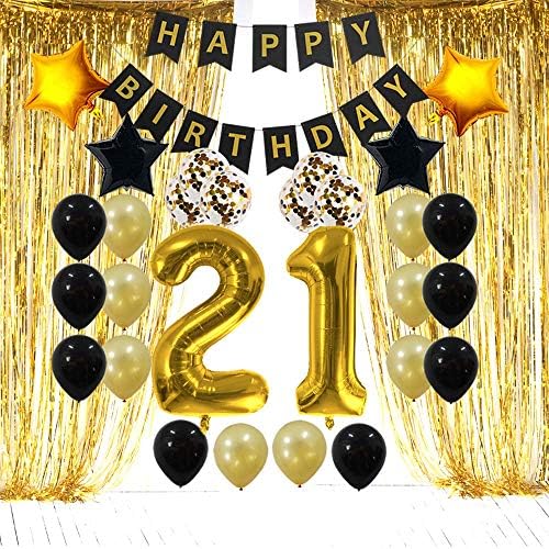 21 Роденден Украси Подароци За Неа-21 Роденден Материјали Среќен Роденден Банер, Златна Фолија Раб Завеси, 21 Златен Број Балони И Конфети Балони
