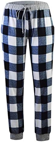 Божиќни пижами панталони за жени истегнуваат половината сина карирана облека PJS, плус големина на влечење долги панталони за