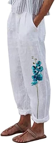 Обични летни женски памучни постелнини панталони Широки нозе женски високи половини ленти со џебови лабава чиста боја права