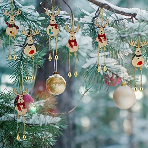 12 парчиња украси за ирваси на новогодишна елка елк дрвени висечки украси рустикални рачно изработени со ленти од лен, висат