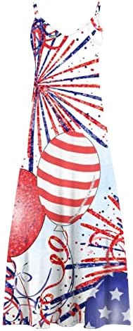 Фустан За Денот На Независноста На Лмдудан За Жени Боемски Макси Фустани Летни В-Врат Без Ракави 4 јули Американско Знаме Макси