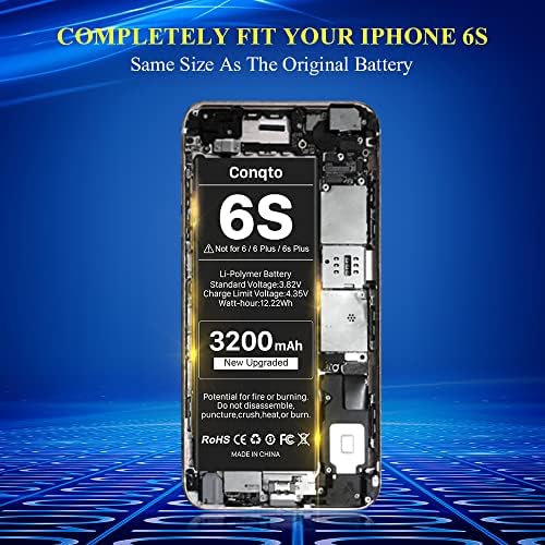Шенмз Надградба На Батеријата ЗА iPhone 6S, [3200mAh] Conqto 2023 Нова Верзија 0 Циклус Ултра Висок Капацитет Батерија Замена
