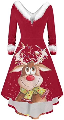 Симпатична Елен Графички Божиќен Фустан Жени Со Долги Ракави Крзнени V Вратот Вечерна Забава Фустан Висок Низок Коктел Божиќни