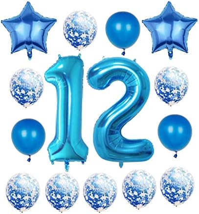 12 -ти роденденски украси за забави, сини броеви 12 балон, 40 инчи гигантска фолија Милар 12 -та балони украси за момче девојче,