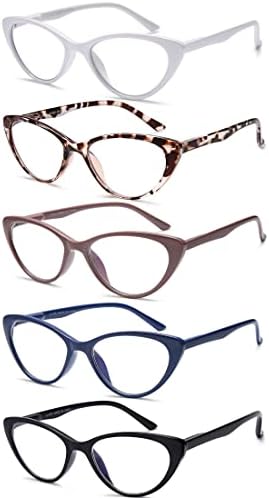 Очила за читање на очите за жени 5 пакувања модни мачки очи за читање очи, мажи со сина светлина што ги блокира читателите со