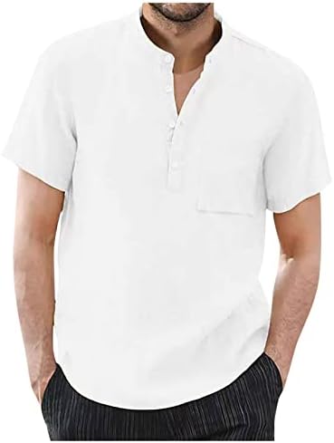 Менси кошули пролетно лето лето машка лежерна ленена постелнина цврста боја кошули со кратки ракави лабави кошули со јака