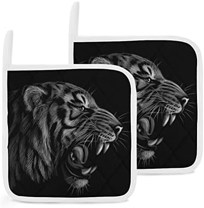 Црно-бело тигар портрет тенџере држачи 8x8 отпорни на топлина топли влошки за заштита на парчиња за готвење кујна 2 парчиња