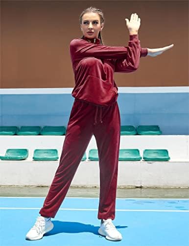 Hotухуч женски велур тренер за долги ракави потти поставува 2 парчиња џогирање на џогирање на џогирање на полу-зип облека со