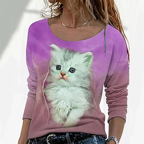Kcjgikpok женски симпатична мачка печатена кошули со долг ракав моден тркалезен пулвер џемпер на врвови на врвови на врвови