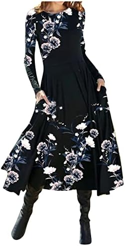 Nokmopo макси фустан за жени моден обичен печатен печатен врат пулвер со долг ракав фустан
