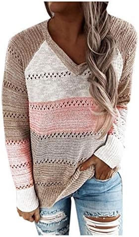 Muduh џемпери за жени исечени V-вратот лабава боја Контраст на модата за зашивање шупливо случајно пуловер