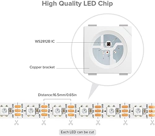 Sezo WS2812B 3.3ft 60LEDS DC5V Индивидуална адреса за адресирање на LED лентата SMD5050 RGB 60 пиксели со соништа Програмибилна