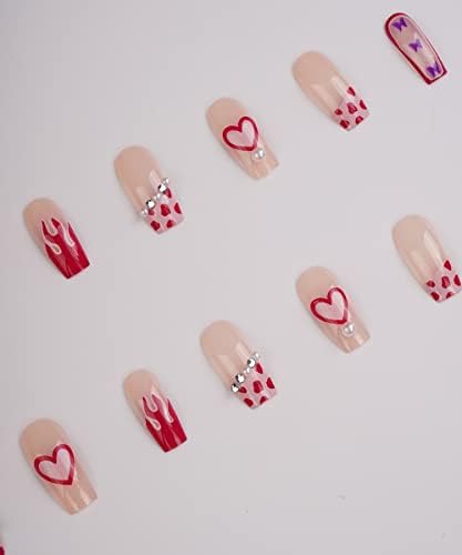 Ксерлинг 24 парчиња Лажни Нокти Со Дизајни Притиснете На Ноктите Со Кристали Црвено Срце Пеперутка Ковчег Лажни Нокти Целосна