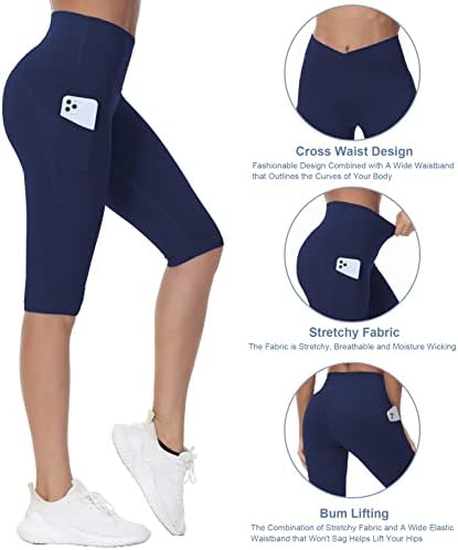 Women'sенски тренинг со должина на коленото, хеланки за вкрстени половини со јога панталони со џебови