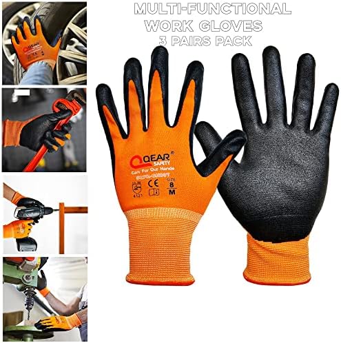 Qeart 3 пара нитрилна гума од палма обложена работа за безбедност на ракавици, портокалова боја плетена портокалова боја, палма