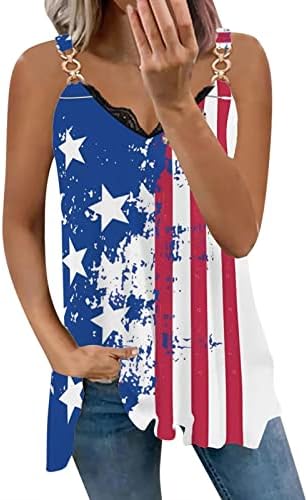 Женски Американски Знаме Тенк Блузи 4 јули Без Ракави О-Вратот Американски Знаме Печатење Елек Патриотски Тече Лабава Фитинг