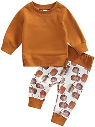 Детето бебе момче девојче со долги ракави џемпер на врвови на врвови од тиква печати долги панталони паѓаат облека за облека