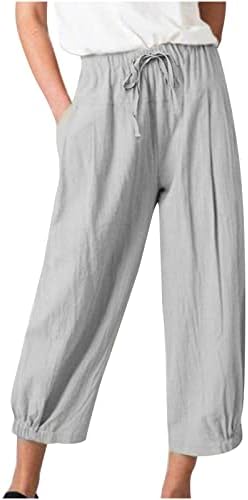 Женски постелнина исечени панталони летни шишиња панталони плажа капри панталони еластични панталони за половината на половината