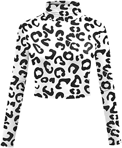 Тенок кошула блуза за жени леопард печати кратки туники за висина на вратот со долги ракави, врвови со жешка облека за облека,