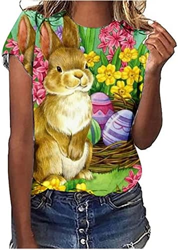 Велигденски врвови за жени, среќни Велигденски кошули за жени екипаж симпатична зајак графички кратки ракави за празници за