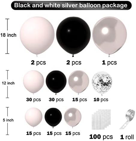 Ајојег Црно-Бели Сребрени Балони Комплет За Венци 135 парчиња, 5+12+18 инчи Црно-Бели Метални Хромирани Сребрени И Сребрени