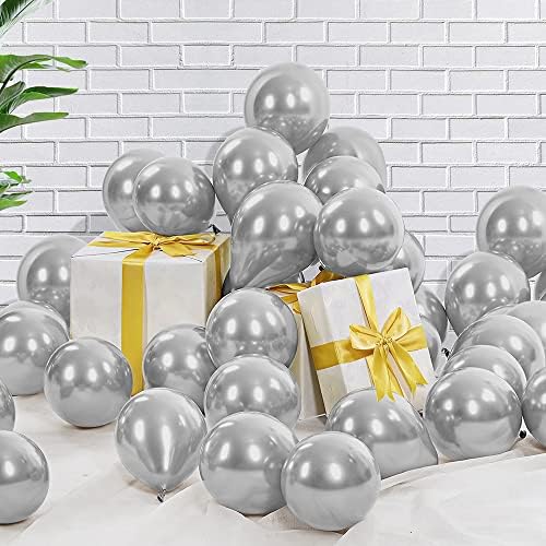 Сребрени метални балони, балони од 12 инчи 50 парчиња, сребрени балони, сребрен хром балон, металик балон, сребрени латекс балони,