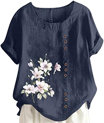 Тинејџерски девојки бренд блуза со кратки ракави постелнина памучна екипа на вратот цветни графички преголеми врвни врвни работи