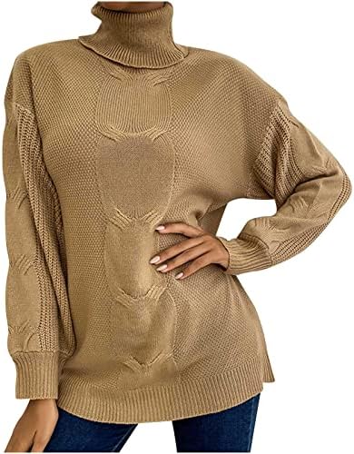 Долг ракав Turtleneck Пријатен плетен џемпер за жени обичен пулвер со висок врат 2022 пад на кабелски кабел плетен скокач врвови