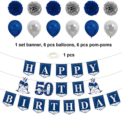 Kauayurk Сино сребро 50 -ти роденденски банер украси комплет за мажи, 26 парчиња педесет роденденски банер балон што виси вртливо