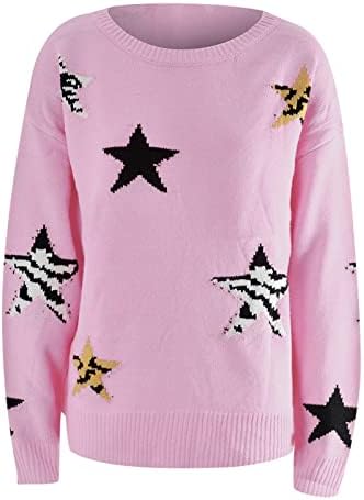 Женски џемпери за теретани модни џемпери со тркалезни starsвезди со долг ракав плетен пуловер џемпер пад фустани