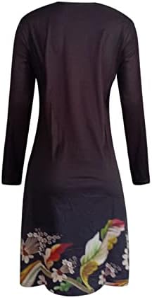 Нокмопо Џемпер Фустан За Женски Ретро Печатење Роса Рамо V-Вратот Долг Ракав Стил Секојдневен Фустан