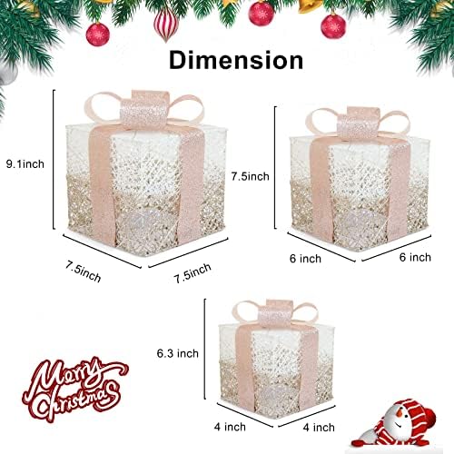 Божиќни осветлени кутии за подароци со лак, комплети од 3 прелитни кутии на отворено украси за новогодишни украси за украси