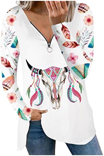Женски Модни Долги Ракави Патент Блузи Западен Печатење Маици Секси В-Вратот Лабава Маици Блуза Пуловери