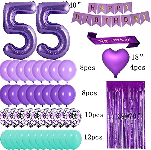 Виолетова 55 Ти Роденден Украси Материјали Виолетова тема Среќен Роденден појас 40 инчен Фолија Балони Број 55 Срцева Фолија